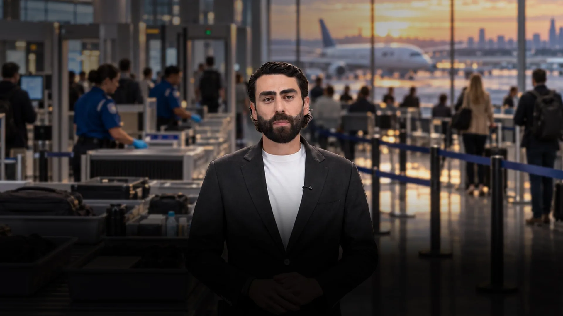 Bearded presenter in a dark blazer stands at an airport security checkpoint with passengers and a plane behind him.