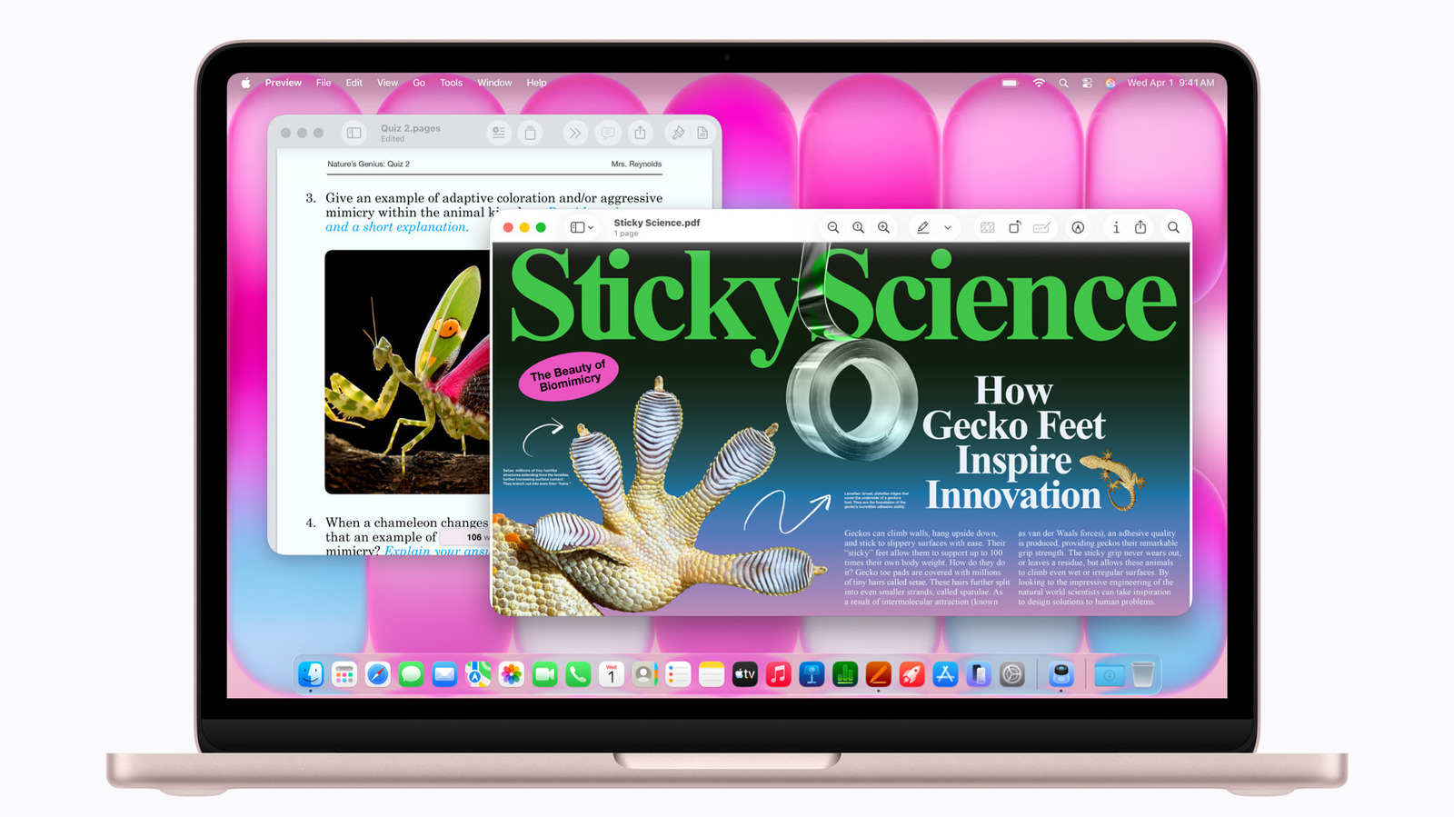 Pink laptop displaying overlapping science documents against a bright pink and blue desktop background.