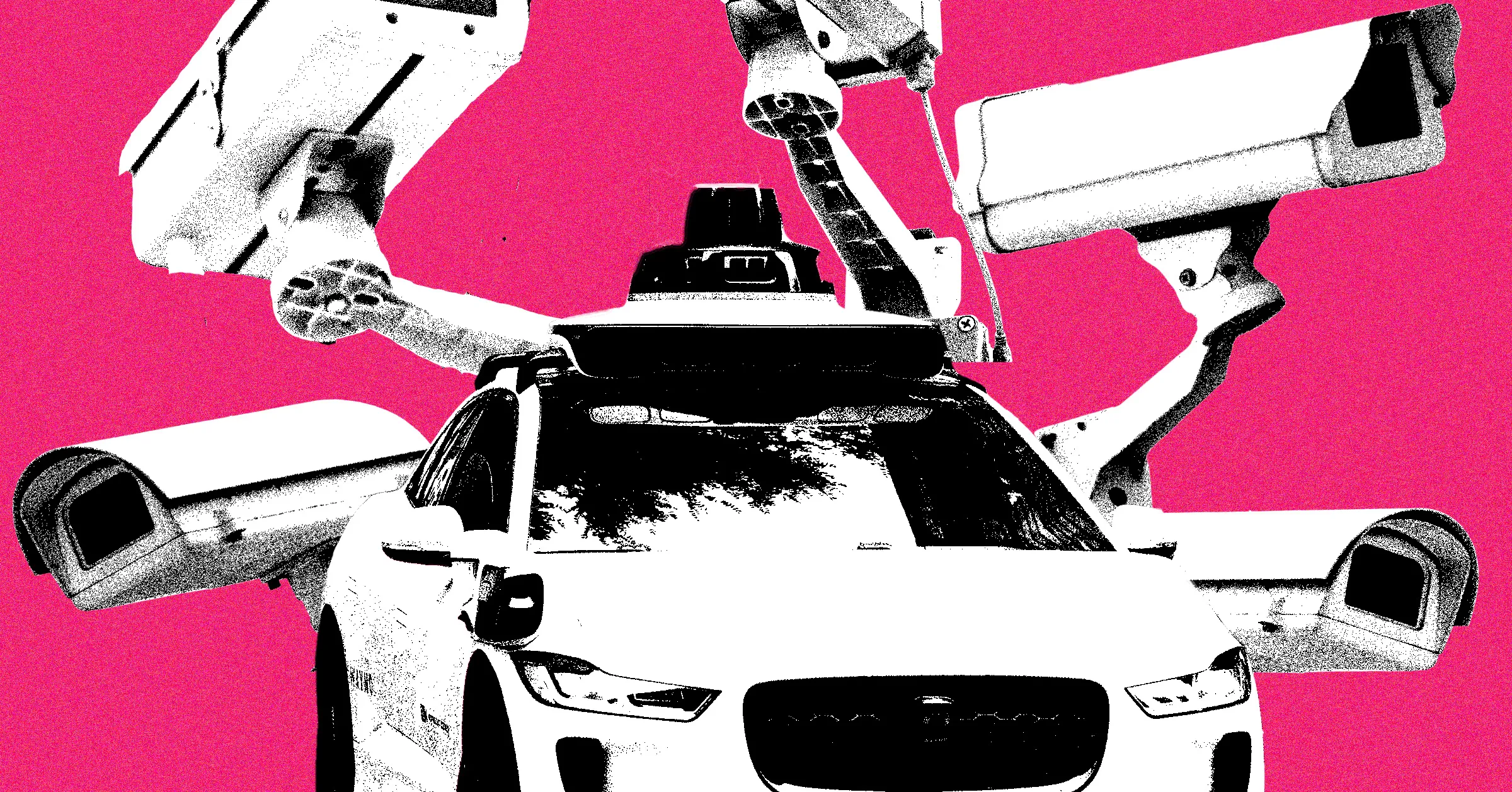 High-contrast illustration of a white car surrounded by several surveillance cameras against a bright pink background.
